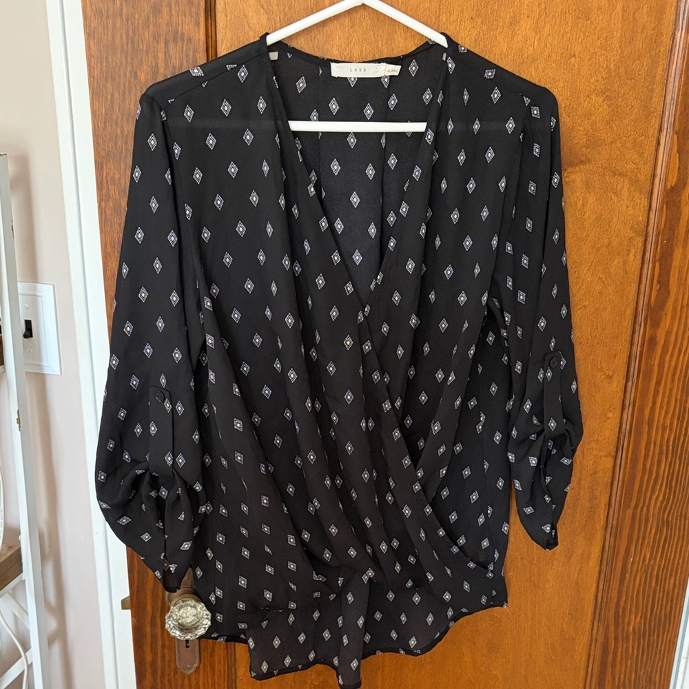 Lush Black Diamond-Print Surplice Blouse